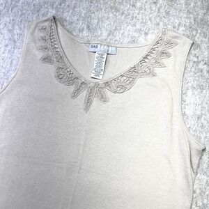 Sag Harbor Sport Women Sleeveless Knit Top Cami Beige Tan Lace Trim XL